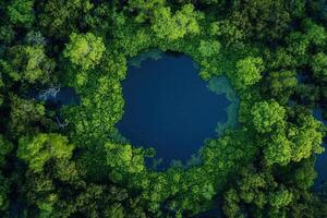 Aerial view of a circular lagoon surrounded by lush green mangrove forest. photo