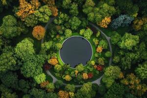 Aerial view of a circular pond surrounded by autumnal trees. photo