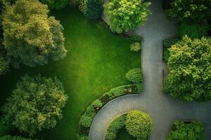 Aerial view of a lush green park with winding paths. photo