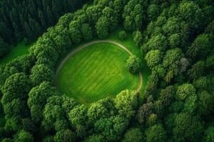Aerial view of a circular green field surrounded by lush forest photo