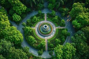 Aerial view of a circular park with lush greenery and pathways. photo