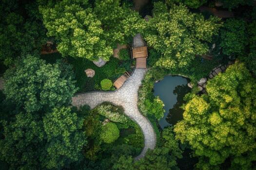 Aerial view of a serene garden with a pond, stone paths, and lush greenery. photo