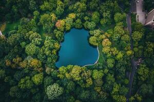 Aerial view of a pond in a lush green park. photo