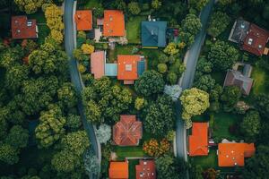 Aerial view of residential neighborhood nestled among lush green trees. photo