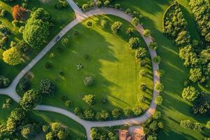 Aerial view of a lush green park with winding paths. photo