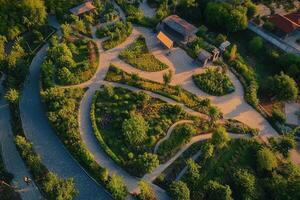 Aerial view of a scenic garden with winding paths, lush greenery, and tranquil atmosphere. photo
