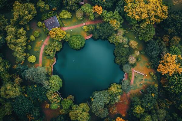 Aerial view of a serene pond surrounded by lush greenery in a park.
