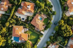 Aerial view of luxury homes, pools, and lush greenery. photo