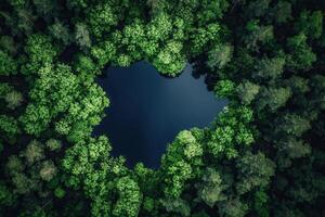Aerial view of a serene lake nestled in a lush green forest. photo
