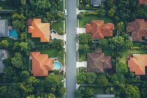 Aerial view of suburban houses, streets, and lush green landscape. photo