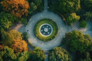 Aerial view of a circular park with fountain and trees. photo