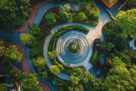 Aerial view of a circular park with lush greenery and winding pathways. photo