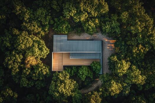 Aerial view of modern house nestled in lush forest. photo