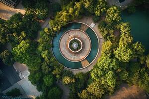 Aerial view of circular fountain in lush green park. photo