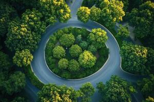 Aerial view of a circular road surrounded by lush green trees. photo