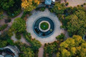 Aerial view of a circular garden with a pond. photo