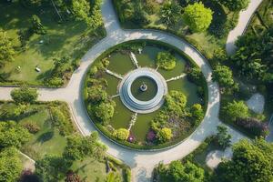 Aerial view of a circular garden with pond and walkways. photo