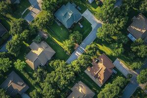 Aerial view of suburban houses nestled amongst lush green trees and winding roads. photo