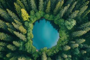 Aerial view of a circular lake surrounded by lush green forest. photo