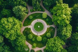 Aerial view of a circular park with lush greenery and winding paths. photo