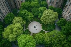 Aerial view of a courtyard garden surrounded by apartment buildings. photo