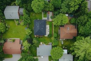 Aerial view of suburban houses surrounded by lush green trees and lawns. photo