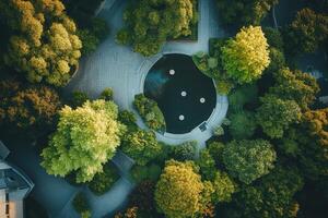 Aerial view of a serene park with a circular pond surrounded by lush green trees. photo