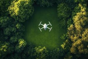 Drone hovering over a green clearing in a forest. photo