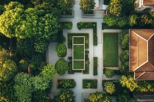 Aerial view of a lush green garden with geometric pathways and a central rectangular lawn. photo