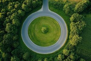 Aerial view of a circular road surrounded by lush greenery. photo