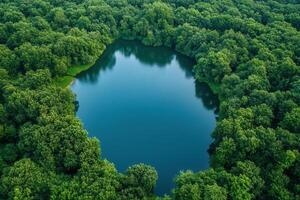 Aerial view of serene lake nestled in lush green forest. photo