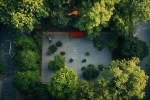 Aerial view of a tranquil park with a bench, surrounded by lush greenery. photo