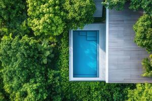 Aerial view of a modern pool surrounded by lush greenery. photo