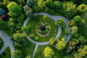 Aerial view of a circular garden with winding paths. photo
