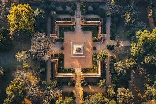 Aerial view of a symmetrical garden with a central monument. photo