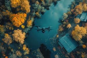 Drone aerial view over autumnal park lake. photo