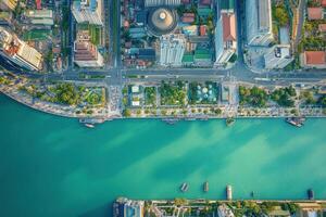 Aerial view of city waterfront with river and green spaces. photo