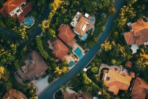 Aerial view of upscale residential neighborhood with houses, pools, and lush greenery. photo