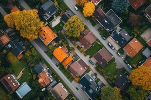 Aerial view of residential neighborhood in autumn. photo