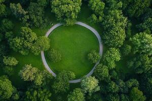 Aerial view of a circular park. photo