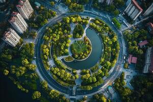 Aerial view of a circular park with a pond, surrounded by a road and buildings. photo