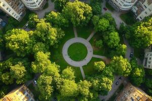 Aerial view of a circular park surrounded by apartment buildings. photo
