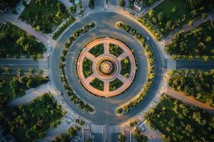 Aerial view of a circular roundabout with green spaces. photo