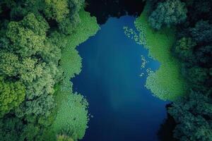 Aerial view of a serene forest lake. photo