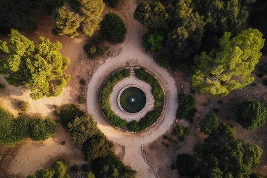 Aerial view of a circular pond in a park. photo
