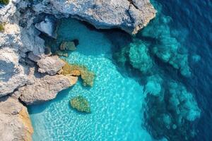 Aerial view of crystal-clear turquoise water and rocky coastline. photo