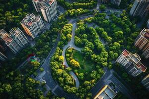 Aerial view of a green park surrounded by city buildings. photo