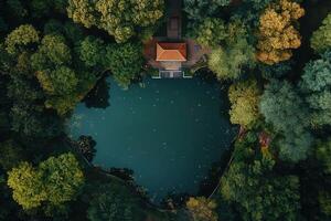 Aerial view of a tranquil pond nestled within a lush green forest, featuring a small building on its shore. photo