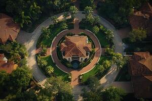 Aerial view of a luxurious house in a circular driveway surrounded by lush greenery and other houses. photo