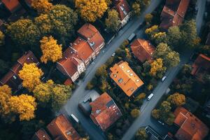 Aerial view of residential neighborhood with autumn foliage. photo
